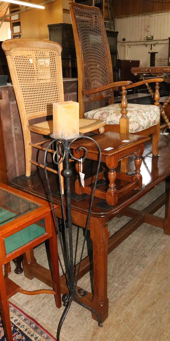 Small oak side table, a high-back caned oak chair and a nursing chair with caned seat and back